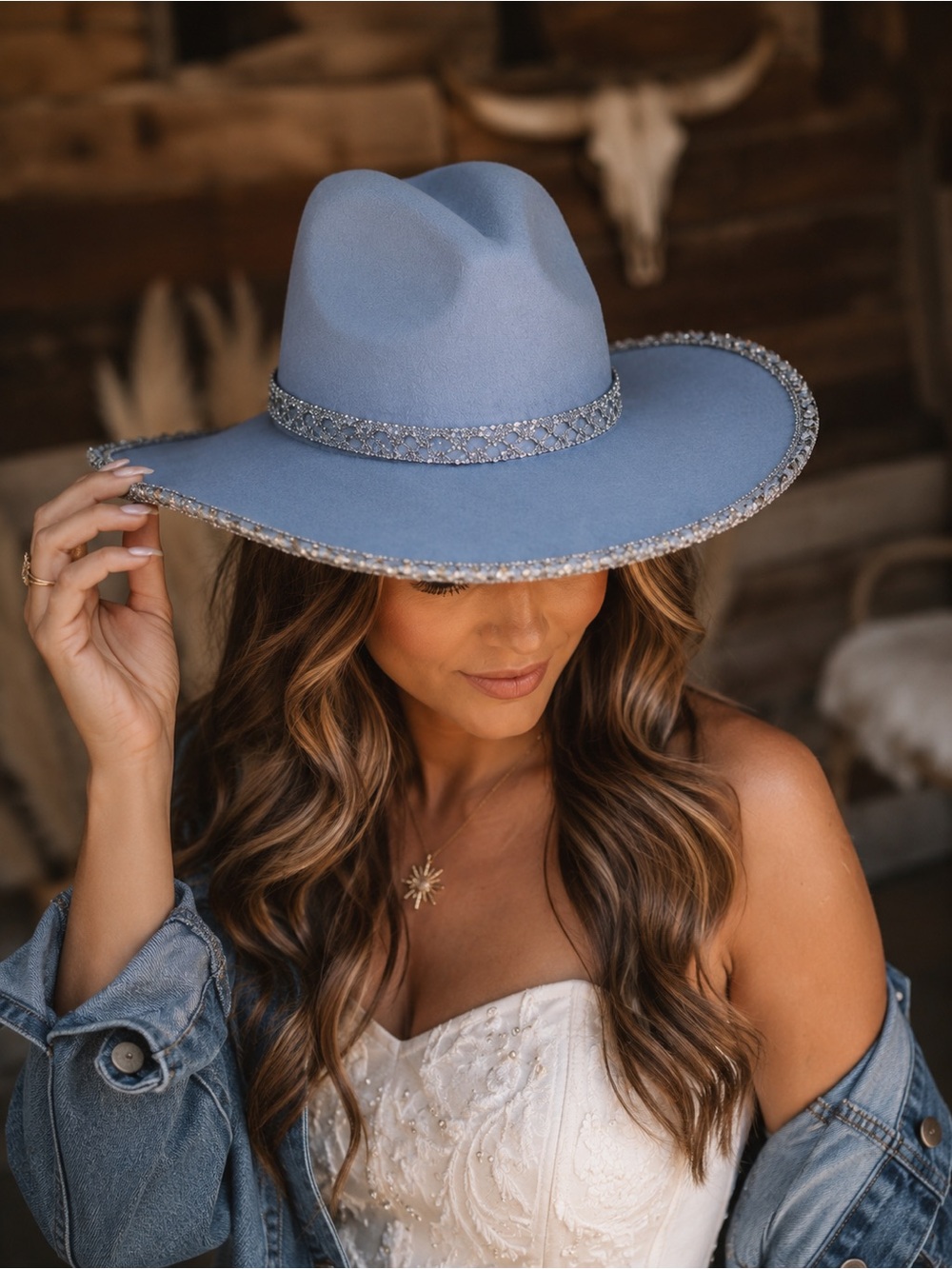 Anthropologie Powder Blue Wide-Brim Fedora with Rhinestone Trim